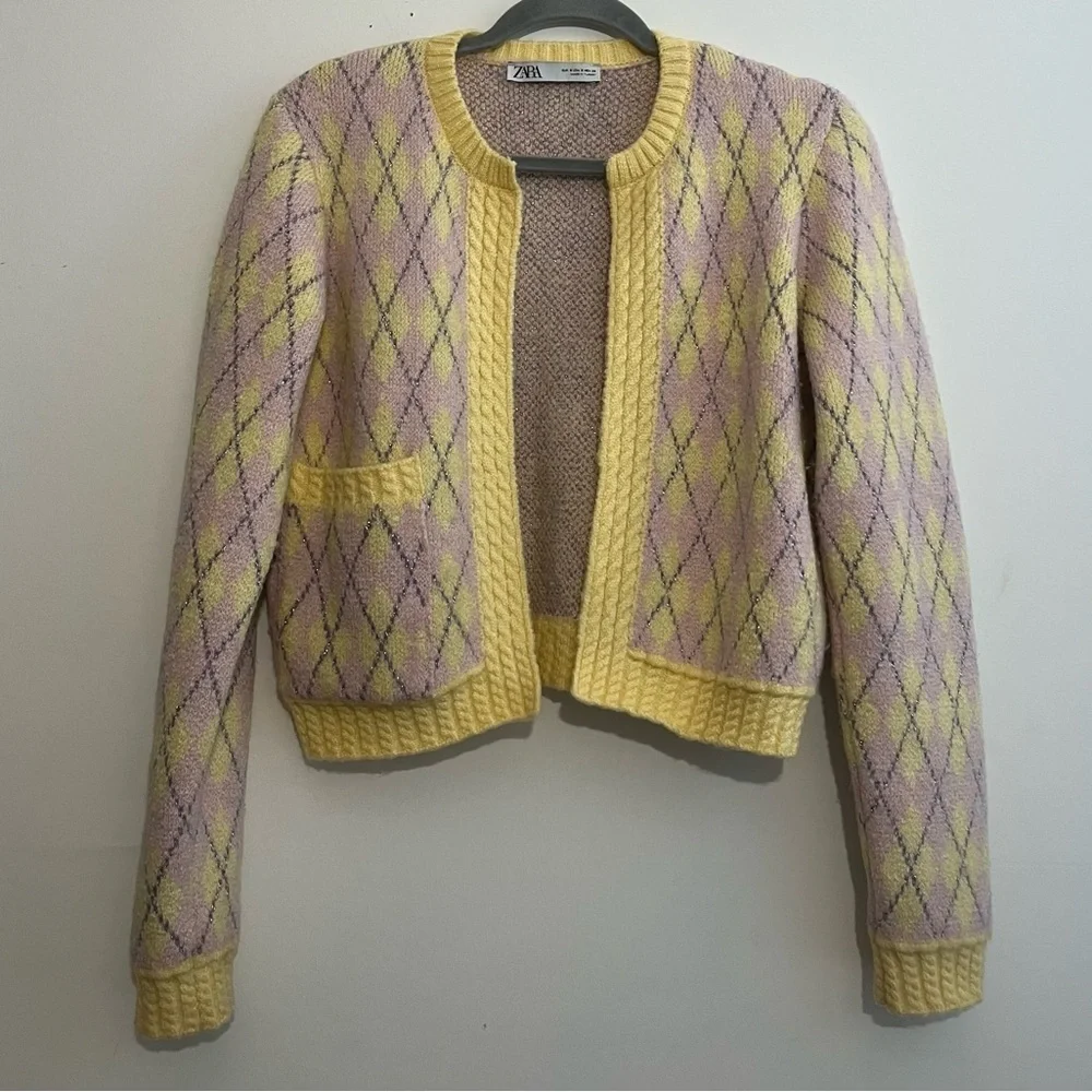 ZARA Pastel Argyle Knit Cropped Cardigan Yellow Lilac Open Front Size S
